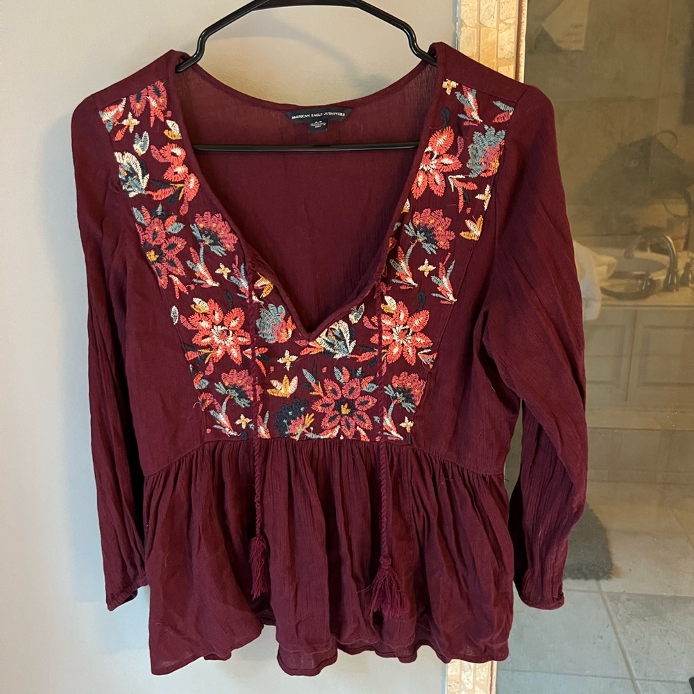 American Eagle Maroon Embroidered Top